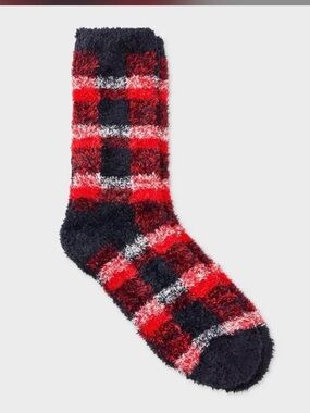audrey Red, Black & White Plush Plaid Crew Socks